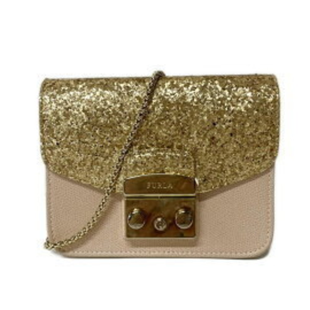 FURLA Shoulder Bag Glitter Chain Detachable Strap Ping Beige x Leather